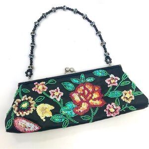 Colorful Sequin Floral Black Satin Beaded Handle Mini Evening Bag